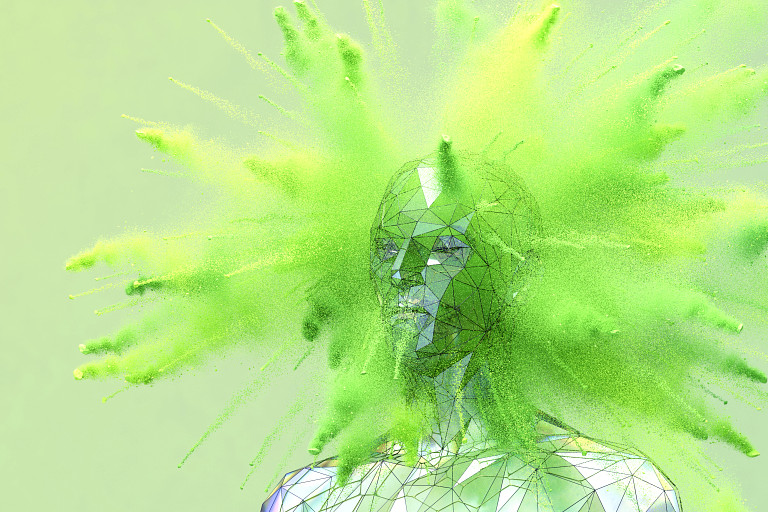 a surreal CGI image of a person's head and shoulders, drawn in polygons, with bright green powder exploding from their face